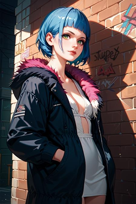 CyberEvelyn, 1girl, blue hair, short hair, green eyes, blunt bangs