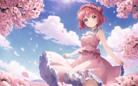 (masterpiece),(bestquality),(highly detailed),(illustration), (ultra high res), (akari feature), <lora:akari_bp:0.6>, short hair, hair buns, purple eyes, red hair, white dress, head wreath, 1girl, solo, stand, blue sky, cloud, sunlight, detailed sky, flower field, smiling, flying petals, (arms behind back), full body