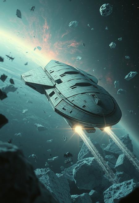 zavy-fnrt, Ethereal impression, cold vibrant pale spectral ethereal Natural Dramatic cinematic lighting, meticulous verisimilar realism, authentic candid in real life High resolution HD masterwork 32K DSLR fine art Photo with analog film, immense but worn decrepit  spaceship (Flattened cylinder with blunted arrowhead design) coating through space in debris field between chunks of (random asymmetrical ice asteroid shards that are refracting light from a vibrant nebula) on sputtering failing engines, in action, unique Sui generis, ghostly science-fantasy reality,  ornate, intricate,  Extremely high-resolution details, photographic, realism pushed to extreme, fine texture, incredibly lifelike smoothly realistic textures, verismo details, . in motion, Dark, mysterious, haunting, dramatic, ornate, special effects shot . shallow depth of field, vignette, highly detailed, high budget, bokeh, cinemascope, moody, epic, gorgeous, film grain, grainy . Extraterrestrial, cosmic, otherworldly, mysterious, sci-fi, highly detailed .professional, 4k, highly detailed   $low resolution, watermark, signature, bad anatomy, bad hands, oily skin, shiny skin$,