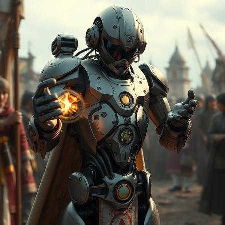 highly detailed, a high-tech robot in a medieval world conjuring a spell, the robot contrasts with the world around it