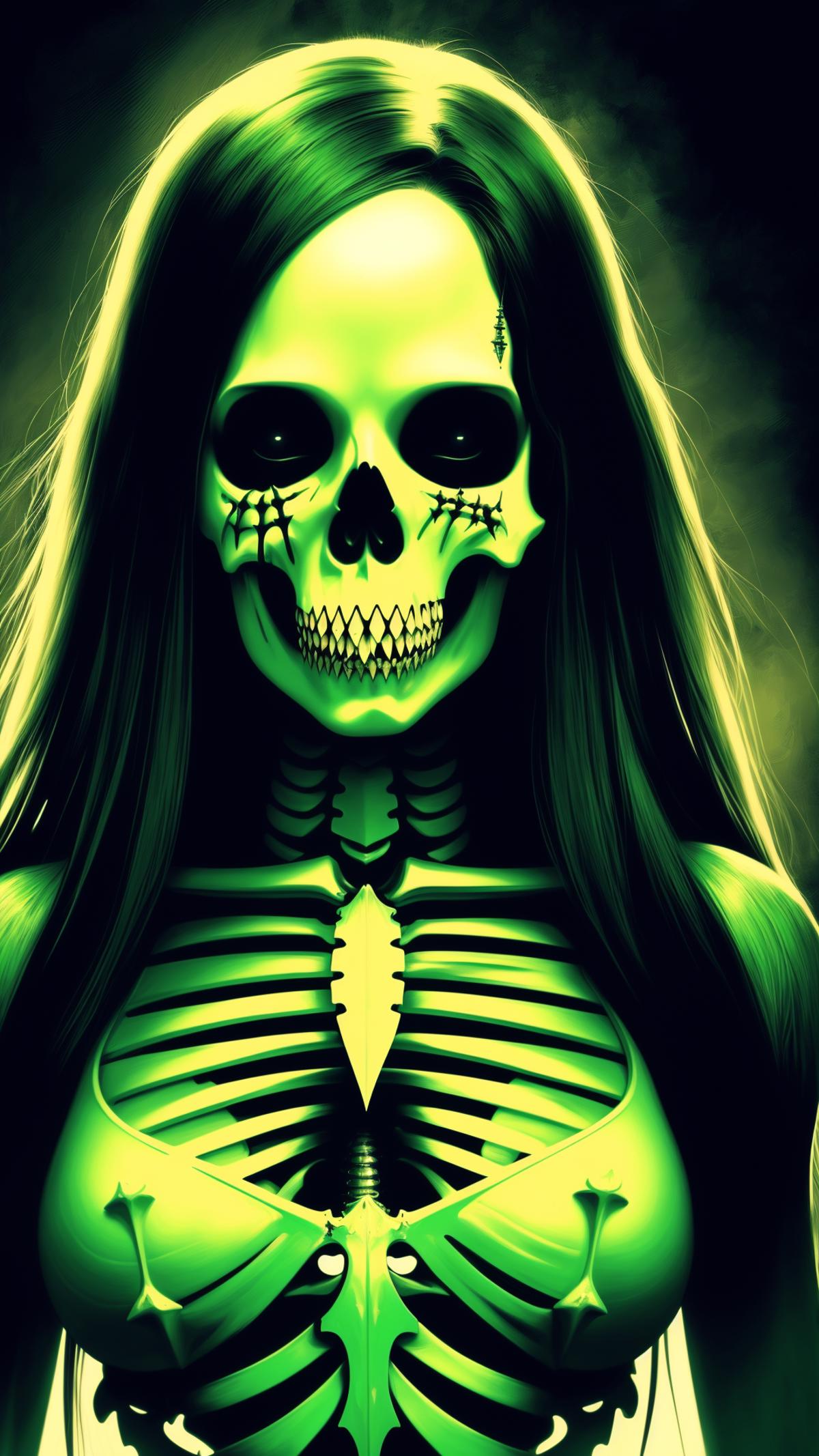 A woman with a green skeleton head and green bones.