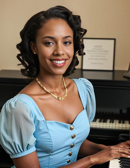 analogue photo of a beautiful 25 years old woman, high resolution image, African woman, clear focus, 8K, Alexa,<lora:Alexa_OC:0.6>, A photo-realistic shoot from a frontal camera angle about a woman in a light blue dress smiling at the camera. the image also shows a well-lit industrial setting with blurred men in blue uniforms in the background. on the middle of the image, a woman in her early twenties with fair skin and beautiful hair styled in a curly updo appears to be leaning on a piano keyboard. she is wearing a blue dress with short sleeves and a button-up front, and has a gold bracelet on her left wrist. her beautiful hair is styled in an updo, and she is looking directly at the viewer with a smile on her face. her eyes are brown, and her body is slim. her expression is a smile.