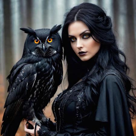 Woman with long black hair holding a black owl, trending on cg society, gothic art, avatar image, with amber eyes, charming witch wrapped in black, with wild hair and ghostly eyes, in modern gothic clothing, profile picture