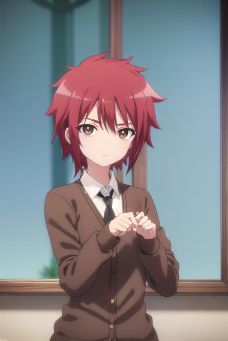 aoiyusa, <lora:aoi yusa s2-lora-nochekaiser:1>,
aoi yusa, short hair, (brown eyes:1.3), red hair,
BREAK school uniform, necktie, shirt, white shirt, collared shirt, cardigan, brown cardigan,
BREAK indoors, classroom,
BREAK looking at viewer, (cowboy shot:1.5),
BREAK <lyco:GoodHands-beta2:1>, (masterpiece:1.2), best quality, high resolution, unity 8k wallpaper, (illustration:0.8), (beautiful detailed eyes:1.6), extremely detailed face, perfect lighting, extremely detailed CG, (perfect hands, perfect anatomy),