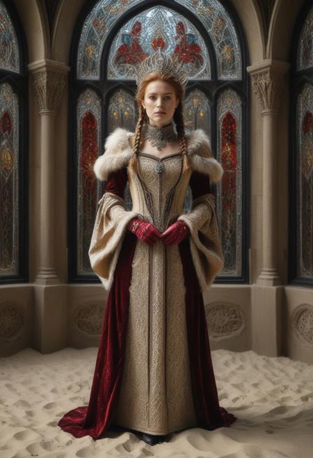 Sand Style, nbn-freyja, (Sand Style background:2), indoors, standing, 1woman, solo, long hair, black choker, eyeliner, gorgeous lips, covered breasts, cinematic, best quality, ultra-detailed, very aesthetic, (natural eyes:1.4), freckles, aloof, (masterpiece:1.1), small waist, fitness body, wide hips, 32 years old, golden blond hair, censored, (big stained glass windows:1.4), (Sand Style Victorian dress:1.6), (red ruby clothes:1.6), high end closure, Evil Queen, cinemascope, moody, epic, gorgeous, film grain, natural hands, red elbow gloves, knee boots, dramatic, ritual magic, freyja, auburn hair, braided hair, magic, forest, Viking queen, mythic beauty, feathered cloak, fur, armor, robe, braid, rune jewelry, photorealistic, cinematic, flowers, jewelry, photorealism, cinematic lighting, high fantasy, mythic portraiture, soft background, northern folklore aesthetic, (fully dressed:2), (RAW photo), 4K, best quality, realistic, photorealistic, masterpiece, extremely detailed, an extremely delicate and beautiful, dynamic, realistic anatomy, candle lighting, perfect shading, professional shading, depth of field,  perfect skin, gentle, highly detailed, breathtaking, clear skin, (Sand Style clothes:2.6), 1girl, solo, braid, long hair, wide sleeves, hat, outdoors, hair over shoulder, brown hair, single braid, sash, brown eyes, long sleeves.