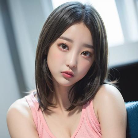 hyelin, portrait, (((upper body:1.1))), beautiful hair, (looking at the viewer:1.2), wearing tanktop, cleavage, beautiful face, beautiful expression, realistic, detailed eyes, detailed iris, detailed face, (closed mouth:1.2), (medium breast:1.3), (photorealistic:1.3), <lora:sayhello0o-v1-exidhyelin:0.85>