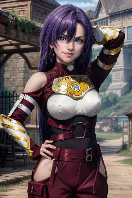 masterpiece, best quality, highres, ultra-detailed, arthur pencilgon, purple hair, long hair, blue eyes, earrings, hair between eyes, bangs, breastplate, clothing cutout, bodysuit, hip vent, gloves,  pants, breastplate, fingerless gloves, armor, boots, cowboy shot, looking at viewer, outdoors, day, sunlight, blue sky, open mouth, evil smile, arms behind head