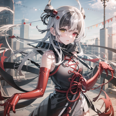 KashinKoji an image of a woman dressed in red and black that looks like an anime character, 1girl, solo, heterochromia, beads, red eyes, multicolored hair, long hair, outdoors, city background, KashinKoji, art of a woman standing in front of a large spider web with weapons, 1girl, solo, extra arms, red eyes, multicolored hair, long hair, outdoors, room background, dazzling red armor-wearing woman holding claws aloft in one hand, 1girl, solo, weapon, red eyes, armor,