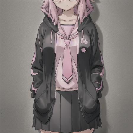 popstep, 1girl, solo, blush, skirt, simple background, shirt, white background, school uniform, pink hair, pleated skirt, necktie, glasses, serafuku, artist name, hood, black skirt, pink eyes, looking to the side, black shirt, hoodie, looking away, hood up, hands in pockets  <lora:PopStepLoRA-10:0.9>