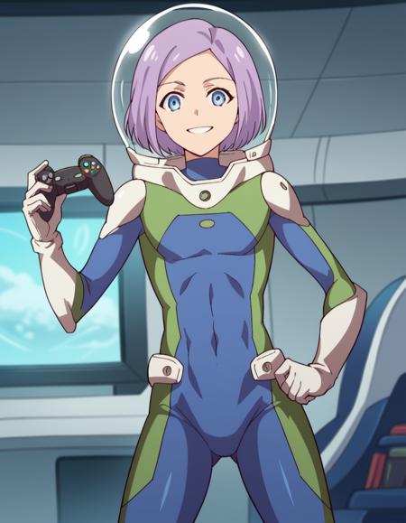 <lora:luca-esposito-s1-ponyxl-lora-nochekaiser:1>, luca esposito, short hair, blue eyes, purple hair, forehead, otoko no ko, androgynous, gloves, bodysuit, pilot suit, spacesuit, shirt, shorts, sleeveless, vest, sleeveless shirt, green shirt, green vest, green shorts,