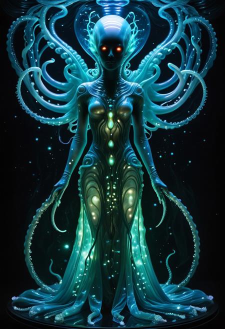 alienworld, 
sentient alien dress form, morphing bio-fabric surface, floating ethereal tentacles, glowing organic patterns, deep space color palette, bioluminescent neural pathways, living crystal structures, flowing liquid movement, alien haute couture, ethereal atmospheric effects, mysterious beauty, ultradetailed textures