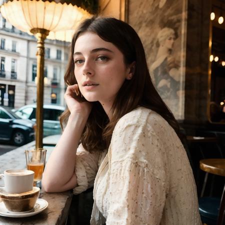 <lora:millie_brady_resized_40:1> millie brady woman a close up portrait photo of a beautiful  woman in a paris cafe, wearing vintage clothing, moody, vines, organic, modern, (high detailed skin:1.2), 8k uhd, dslr, soft lighting, high quality, film grain, Fujifilm XT3