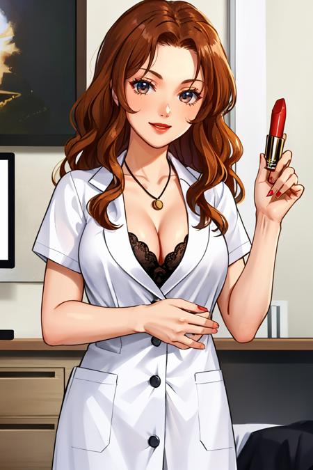 natsumip1, long hair, brown hair, wavy hair, labcoat, cleavage, necklace, lipstick