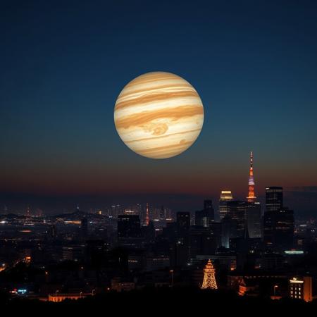 a photorealistic picture of a San Francisco night skyline with a huge Jupiter planet in the sky