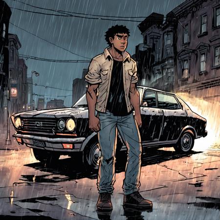 high-quality artwork in dgst artstyle of medium-shot of full-length full-body full-shot of a young man with short black hair wearing a tshirt and jeans standing in front of a car in a city street during a rain storm at night