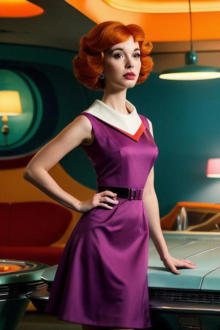 Generate an 8K hyper-realistic image of Christina hendricks like jet jetsons, hairstyle 70's, wearing jet jetsons dress violet, triangular dress collar, jet jetsons cut hairstyle, orange hair, adopting a visual style inspired by Wes Anderson, RED camera system to capture the scene with precision, Wes Anderson's characteristic symmetrical framing, vibrant color palette, and meticulous set design, Control lighting for soft, diffused shadows, aiming for a whimsical, nostalgic atmosphere,  Prioritize capturing intricate details using the RED camera's high-resolution capabilities, The final image should seamlessly blend the futuristic elements of the Jetsons' world with Wes Anderson's distinct visual aesthetic