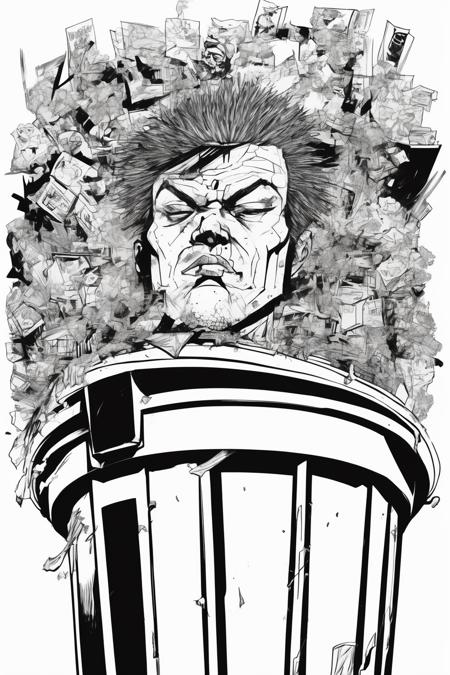 Jim Mahfood Style - a black and white digital Pen and ink illustration of a mans head in a trash can, in the style of 1980s British comic book art