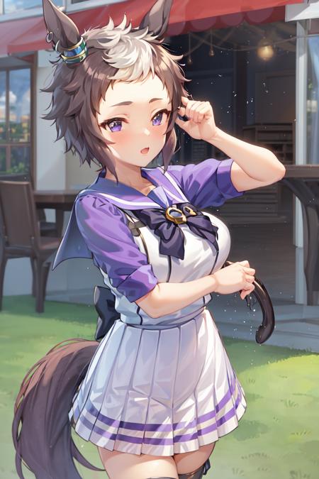 masterpiece, best quality,
mejiro ryan \(umamusume\),
ear piercing, tracen school uniform, summer uniform, serafuku, puffy short sleeves, purple bowtie, horseshoe ornament, sailor collar, sailor shirt, purple shirt, white skirt, pleated skirt, frilled skirt,
<lora:mejiro_ryan_loha:0.7>