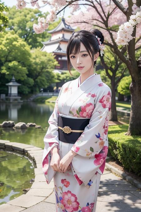 japanese woman in japanese castle park, cute kimono outfit, masterpiece, best quality, official art, unity 8k wallpaper, ultra detailed, beautiful and aesthetic, beautiful, 1woman, kawaii_asian:0.2,  <lora:realistic_kimono_clothes:0.2>