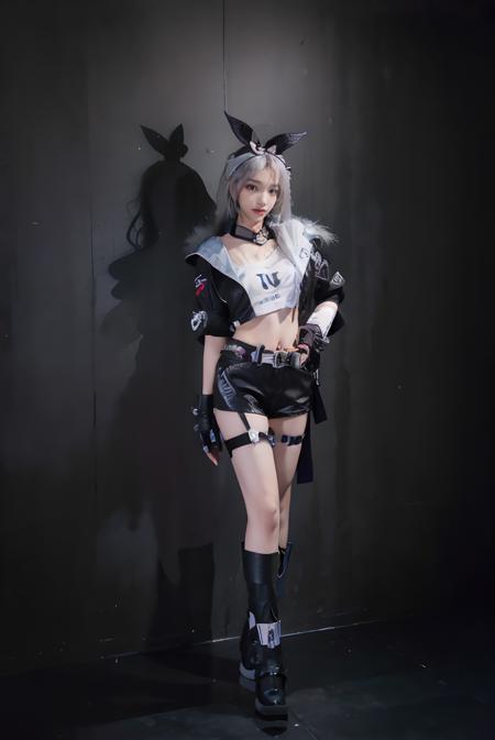 ((masterpiece:1.5)), ((best quality:1.5)), ((detailed)), ((realistic:1.2)), ((Hi-Res lossless)), ((nikon RAW photo, 8K, Fujifilm XT3, HDR10+, high resolution, depth of field, huge filesize, low-angle shot)), (1girl, solo, standing straight:1.3), ((((full body:1.5), (medium breast:1.4), (slender body:1.3), body height 150 cm, body weight 40 Kg, realistic body, 18 years old, teen, cool))), perfect anatomy, perfect body, perfect hands, perfect feet, perfect eyes, realistic eyes, realistic anatomy, perfect fingers, realistic hands, realistic fingers, realistic legs, detailed body, detailed face, detailed hands, detailed fingers, (photorealistic:1.4), photorealism, photography, hyperrealistic, hyperdetailed, lots of details, extremely amazing finely detail, shoot by professional, professional photography, studio lighting, professional tuned lighting, indoor, photo studio, dark room, perfection, flawless, best of the best, professional model, photo model, tuned by professional, lustful woman, arroused, seduced, flirty, orgasm face, horny, seductive expression, hot girl, seductive, tempt, naughty, cute, virgin, sexy, looking at viewer, extremely delicate beautiful, a dashing collected professional beauty woman, beautiful body, beautiful hands, beautiful fingers, beautiful legs, beautiful arms, beautiful face, beautiful eyes, ((Luxury black diamond wall background)), realistic shadow, realistic texture, realistic lighting, path tracing, ray tracing, <lora:Javanese_Girl_V3:0.7>, <lora:starrail_silverwolf_cosplay_v2:0.6> silverwolf cosplay costume, cosplay, silverwolf, white hair, hair bow, eyewear on head, hair ornament, jacket, shorts, cropped shirt, belt, fingerless gloves, bandaid, single fishnet legwear, thigh strap, boots
