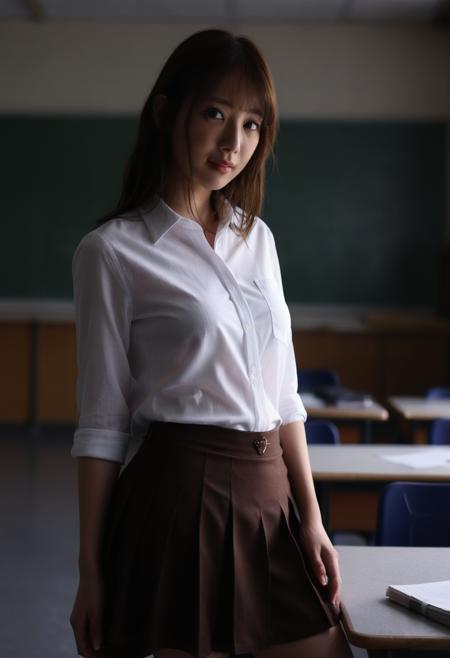 ohwxcqtx80 woman,looking at viewer,brown hair,skirt,shirt,classroom,Sony a7R,chiaroscuro,sunlight,<lora:raraanzai-xl-v2:1>