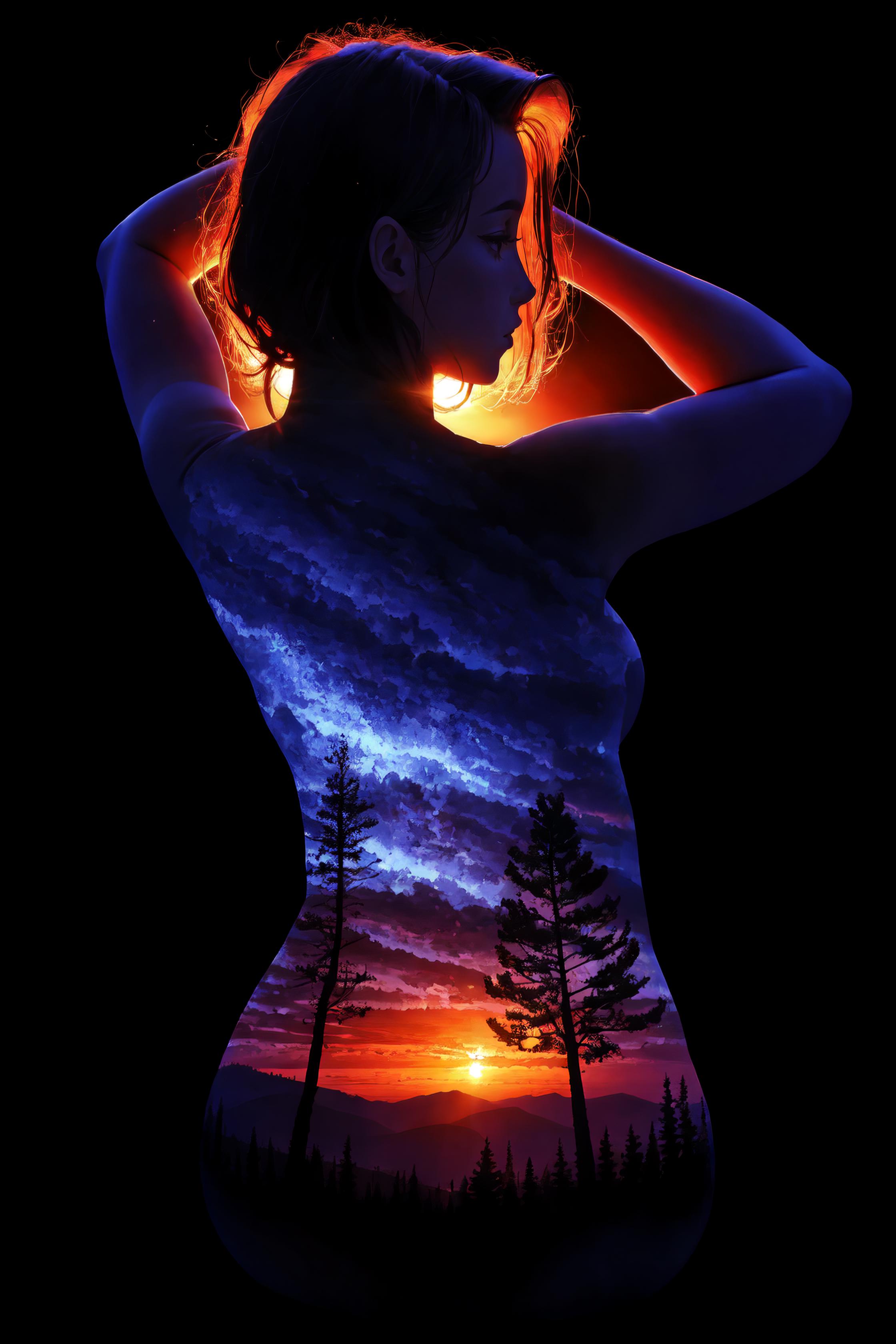 Artistic Poster or Painting of a Woman with a Treescape and Cloudscape Background
