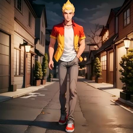 ((masterpiece, best quality)),(complex light),1boy, solo ,full body, martin mystery, blonde hair,<lora:MartinMystery1-10:0.8>,simple background, gray pants, red shoes, yellow  jacket,walking, haunted house, cinematic lighting,