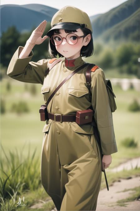 masterpiece, best quality, absurdres, high resolution, extremely detailed, 1girl, solo, cowboy shot, ((IJA Taisho, khaki uniform, IJA soldier,field cap,)), right hand up salute,   leg wrappings,leg_wrap, infantryman's puttee, small breasts,  narrow waist,  black hair, short hair,  black eyes, round eyewear, glasses,   full-face blush, embarrassed,   <lora:IJAuniform-v0-000005:0.9>, backpack, leather belt pouch, field, grass,  landscape,  walking,