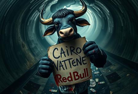 A darkly whimsical bull character, anthropomorphized with a sinister fairytale charm, dominates the scene with an enigmatic presence. Holding a jagged sign that declares “Cairo Vattene” in bold, erratic, handwritten text, the bull seems to straddle the boundary between calculated intent and chaotic unpredictability. The distortion from a Panavision Prime Cine Optics 12mm fisheye lens intensifies its central prominence, warping the surreal background into a twisted, dreamlike vortex. The sharp, contrasting colors ripple with streaks of blood, smearing the edges of reality like a Tarantino-esque fever dream.
Fuzzy logic permeates the atmosphere, blending order and disorder in subtle details: the bull’s blood-spattered hands seem both intentional and accidental, its menacing glare softened by an almost empathetic glint in its eye. The tattered shirt emblazoned with a spray-painted Red Bull logo adds another layer of contradiction, as if hinting at chaotic energy controlled just enough to send a cryptic message. The environment pulses with uncertainty, the surreal shapes and patterns shifting imperceptibly, as though alive and recalibrating with each glance. This interplay of precision and ambiguity creates a scene that defies strict categorization, leaving the viewer suspended in a state of uneasy wonder.