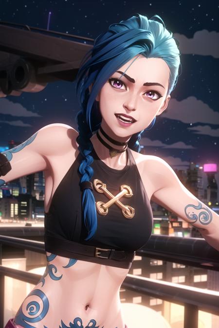 arcane style,

1girl, arm tattoo, asymmetrical bangs, bangs, blue hair, braid, brown shirt, cloud tattoo, looking at viewer, laughing, crazy, uncontrollable laugh, mad look, night, city, green hair, long hair, midriff, pink eyes, red lips, shirt, solo, standing, tattoo, twin braids, upper body, arcane jinx, jinx \(league of legends\)

<lora:arcane_offset:1>