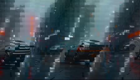 Blade Runner 2049 SleepCitycape. Relaxing Cyberpunk Art Poster. Dark light. Cinematic Art. Photorealistic. Street. Abandoned street. CityScape, Scenery. Dark and moody. 1car, Futuristic supecar. Prototype supercar. Super detailed car, (grey car carpaint). Futuristic design car. Gloomy neon lights. No humans. Sleeping city. (Cloudy day, fog:1.4). Dystopian apocalyptic atmosphere. Film grain.