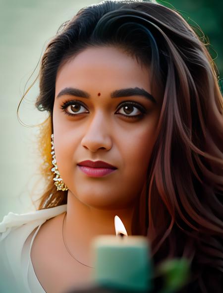 KeerthySuresh, photograph, Breathtaking Woman, wearing fall outfit, soft focus, Candle light, film grain, Canon 5d mark 4, Zoom lens, Unsplash, art by David Goldblatt,  <lora:KeerthySureshSD1.5:1>