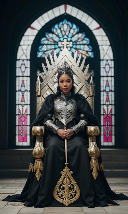 jhene1, 1girl, tattoo, ornate armor, black metal chestplate, queen sitting on throne, queen armor, half updo, breasplate, medieval armor, fatasy armor, heart emblem, armored dress, epic throne, black hair, tan, beautiful portrait, hyper realistic, raw image, 8k, uhd, best quality, award winning photo, rtx on, unreal engine 5, mosaic glass, stained-glass window in background, indoors, epic castle, fantasy, chestplate, paladin, furs, the iron throne, throne of swords, gold throne, epic fantasy