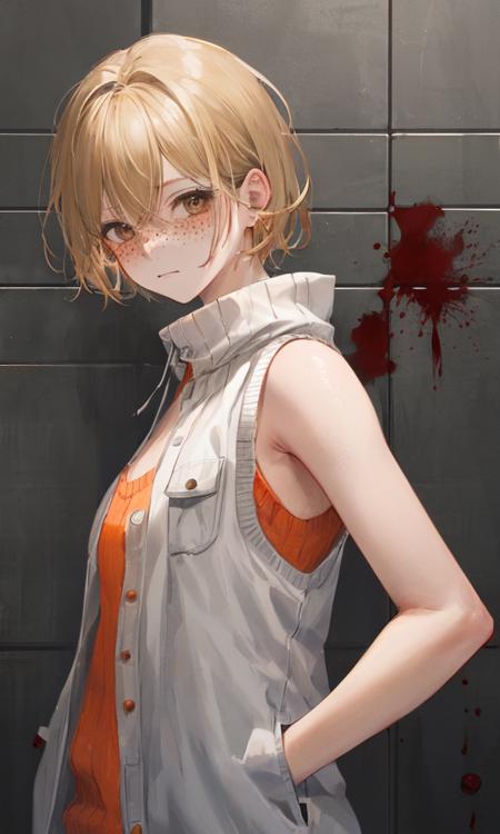 masterpiece, high-detailed:1.2, heathersh3, heather mason, silent hill 3, young adult, 1girl, short blond hair, (white vest with pockets and orange sweater under it), freckles:0.3, character, brown eyes, bare shoulders, bare arms, old tiles with blood background, grunge, <lora:HeatherMasonSH3:0.90>