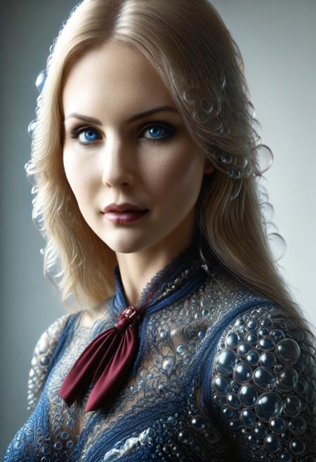beautiful female, score_9, score_8_up, score_7_up, score_6_up, score_5_up, score_4_up, UHD, 8K, masterpiece, detailed, ultra_high_resolution, lots of detail, OverallDetailXL, detailxl, Masterpiece, 32k, photorealistic:1.4, small waist, fitness body, toned muscles, wide hips, slender legs, high cheekbones, oval face, 32 years old, mature female, milf, makeup, curvy, pretty face,  jewelry, solo, seductive smile, sultry, serious stare, stern look, natural skin, long hair, realistic photograph, blond, blue eyes, coffee shop, (formal dress made_of_bubbles:3), (pink tie:1.5), sitting, (high neck closure:2), (fully dressed:2.6), kpop, wrinkles, laugh lines, Mature brunette, pale beauty,