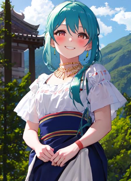 <lyco:hatsunemiku1-000006:1.0>, mikudef, upper body, smile, blush,wearing otavalenian dress, outdoors, day, simple background, blue sky, sky, temple, looking at viewer, stairs, mountain, moody lighting, facing viewer,<lora:otavalenianClothes:1>