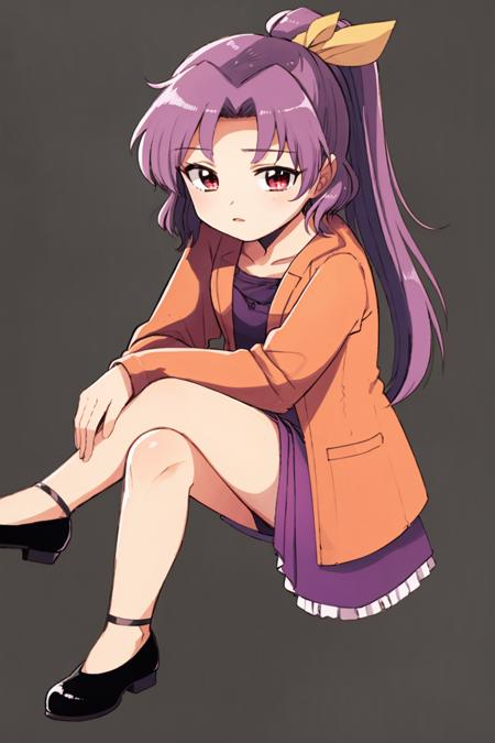 masterpiece, best quality, <lora:KomakusaSannyo:1>,<lora:style05:1>,chibi,
1girl, purple hair, solo, long hair, red eyes, sitting, ponytail, alternate costume, crossed legs, watatsuki no yorihime, simple background, long sleeves, full body, ribbon, hair ribbon, black footwear, shoes, contemporary, yellow ribbon