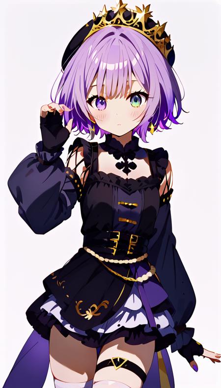 1girl,short hair,purple eyes, purple hair,black dress,dress,long sleeves,bangs,black headwear,hat,heterochromia,white thighhighs,multicolored hair,thigh strap,detached sleeves,gloves,jewelry,black gloves,earrings,fingerless gloves,frills,puffy long sleeves,beret,black footwear,crown,gradient hair,