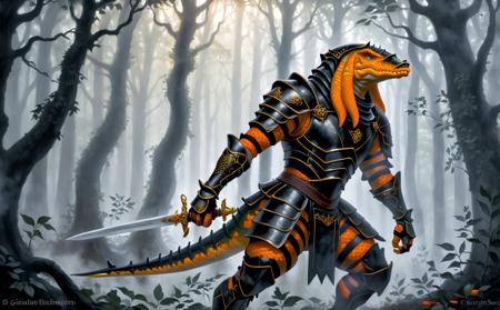 Bangaa, reptilian with orange skin, medieval armor clad in black and silver steel, shining, misty forest, sinister shadow broadsword, muscular posture, humpbacked, determination, ancient magic, thick-trunked trees, lush foliage, ethereal shadows, legend and reality, digital portrait