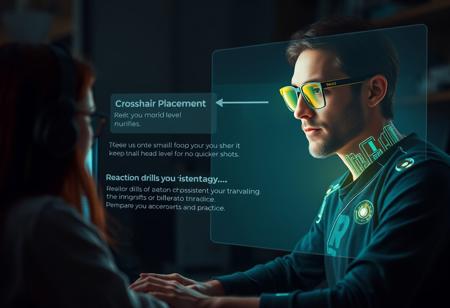 “Create a 16:9 cinematic scene where a player sits at a desk, immersed in a game, the room dimly lit by the glow of the screen. On the screen, a male AI operator with long brown hair and green and yellow reading glasses appears as a semi-transparent hologram. His glasses have a sleek, futuristic frame, reflecting the soft light of the screen, giving him an intellectual, high-tech appearance.
The player asks the operator for tips on improving aim and reaction time. The AI operator calmly advises on crosshair placement, recommending keeping it at head level for quicker shots. He also suggests reaction drills and the importance of consistent practice. Floating text or icons highlight key points like ‘Crosshair Placement’ and ‘Reaction Drills.’
The scene alternates between close-ups of the player’s focused face and the operator’s glowing form. His green and yellow glasses subtly catch the light, adding a touch of style to his digital form. The operator’s calming tone and confident demeanor inspire the player, who nods, feeling more prepared and confident to improve their skills.”