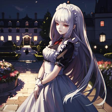 (masterpiece:1.2), best quality, <lora:Whitegirl:0.6>, Whitegirl, long hair, maid , castle courtyard, garden, flowers, close,(((night:1.2))), people, best quality, ultra detailed, absurdres,8K, (best illustration), (best shadow), red eyes