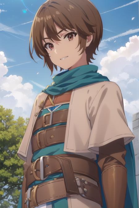 keyaru, <lora:keyaru s1-lora-nochekaiser:1>,
keyaru, short hair, (brown eyes:1.5), brown hair, male focus, smile, grin,
BREAK cape, armor,
BREAK outdoors, forest, nature, grass, trees, sun, sky, clouds,
BREAK looking at viewer, (cowboy shot:1.5),
BREAK <lyco:GoodHands-beta2:1>, (masterpiece:1.2), best quality, high resolution, unity 8k wallpaper, (illustration:0.8), (beautiful detailed eyes:1.6), extremely detailed face, perfect lighting, extremely detailed CG, (perfect hands, perfect anatomy),