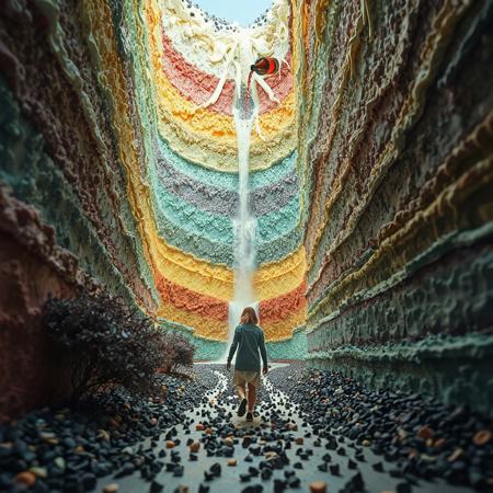at the bottom of the multi color cake valley. a woman walking approaching wall of cake and tasting. The valley is made from cake and melting cream. between towering, huge cake and huge topping cream. canyon of giant layered cake. bush created from sparkling candies. chocolate chip pebbles spread along the path. A Bottle pouring a wine waterfall.