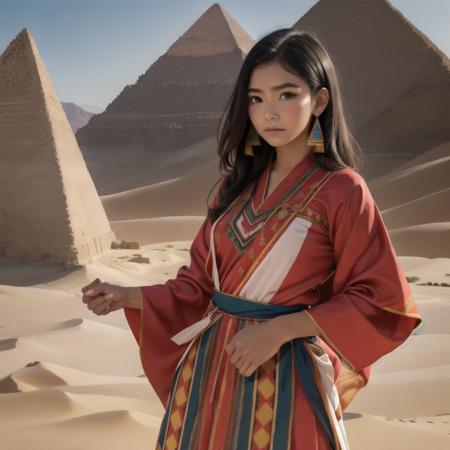 Smaragdine Silk Navajo Traditional Dress , perfect face, with an intricate pyramid and desert background