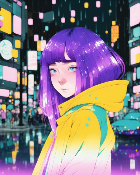 8k photo portrait of a stunning woman with violet hair in a pastel raincoat, looking at the camera, at a bustling crosswalk at night, wet reflections, Highly Detailed, studio ghibli, akira toriyama, james gilleard, genshin impact, trending pixiv fanbox, acrylic palette knife, 4k, vibrant colors ,  <lora:Graphic_Portrait_SD15:0.7> , Graphic_Portrait