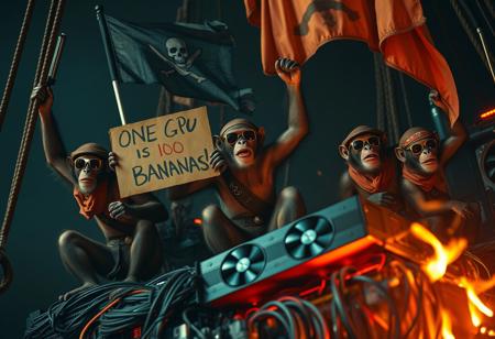 Zoomed in closeup, Hazey cinematic atmosphere, documentary action film, fantasy sci-fi movie, hyperrealistic, fullhd, night, nighttime, dark,  Pirate Monkeys wearing sunglasses and bandanas are celebrating a successful raid, one monkey holds up a cardboard saying "One GPU for 100 Bananas", thieves, on a boat, ship, pirate ship, pirate flags, pirate flag with monkey head and sabers, server equipment with many cables and wires, server racks, red lights, the monkeys are sitting on dancing in celebration on burning hardware trash, large graphics cards with many big cooling fans, massive GPUs, treasure