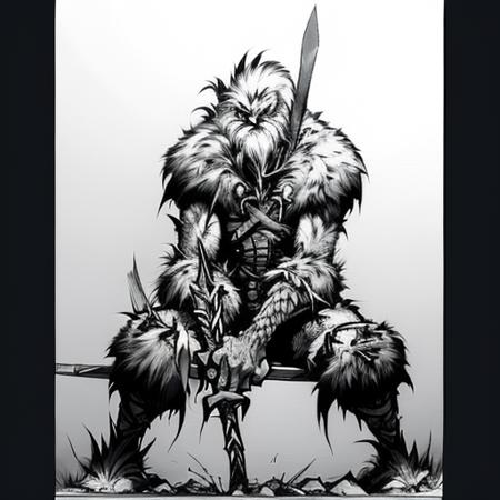 Evang, Line art A rugged and grizzled leader of a troll army siting on a cracked stone throne surrounded by his minions holding a battle ax and standing on skull as a foot rest, spiked armor shoulder guards and a animal pelts coat, Extremely detailed concept art oil painting by Artgerm and Greg Rutkowski, Krenz Cushart Artstation style Artstation