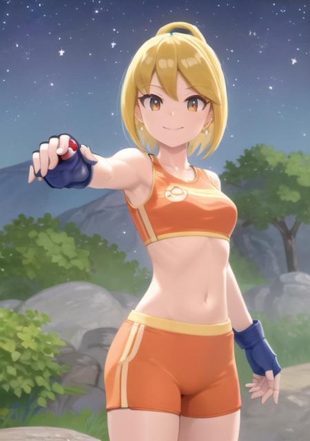 <lora:battlegirlDP:0.7> battlegirlDP, 1girl, solo, looking at viewer, smile, short hair, bangs, shirt, gloves, holding, jewelry, closed mouth, standing, cowboy shot, earrings, outdoors, sky, shorts, midriff, fingerless gloves, tree, crop top, eyelashes, night, bike shorts, star (sky), night sky, starry sky, poke ball, rock, poke ball (basic), holding poke ball, orange shirt, orange shorts