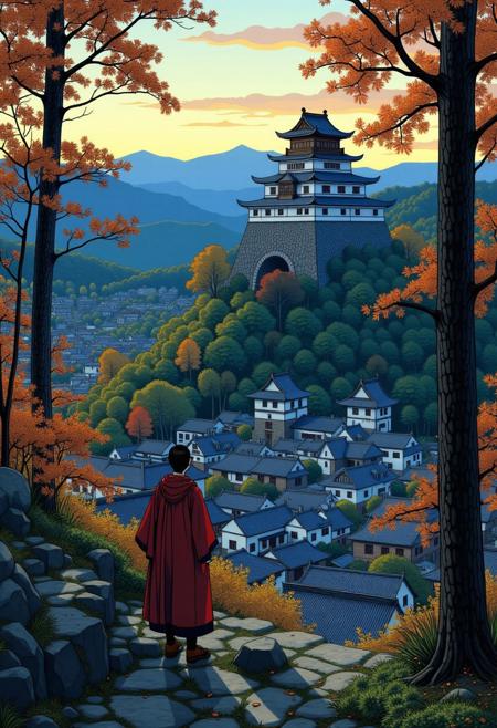Japanese medieval castle on a hill overlooking a medieval edo-era Japanese town, rolling hills and woodland, autumn, sunset. Impressionistic anime-style scene, Mixed art style, loose, painterly impressionist brushstrokes for depth and atmosphere, anime-style character details, ligne claire outlines for clarity and structure, In the style of ff-td, sm41l33 comic.