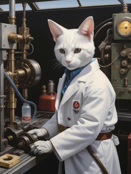 <lora:03realismPainting_Hap_XL:2.6>, realism American art painting oil painting,masterpiece,highly detailed, <lora:add-detail-xl:0.0001> ,<lora:hand 4:0.0001>,  Kyubey, portrait, cowboy shot, mcnm,reelmech, mechanical parts, (cable, wires:0.4), machinery, joints,